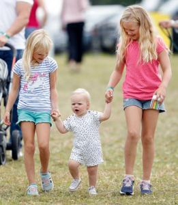 Lena Tindall toddling alongside her big sister Mia, and her royal cousins Isla and Savannah Phillips.