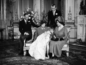 King George, Queen Elizabeth the Queen mother, Princess Elizabeth, Prince Charles & Prince Philip on Prince Charles's christening day